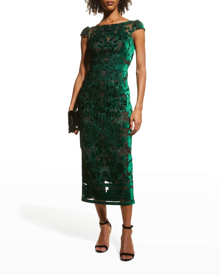 Marchesa Notte Cap-Sleeve Velvet Cutwork Dress | Neiman Marcus