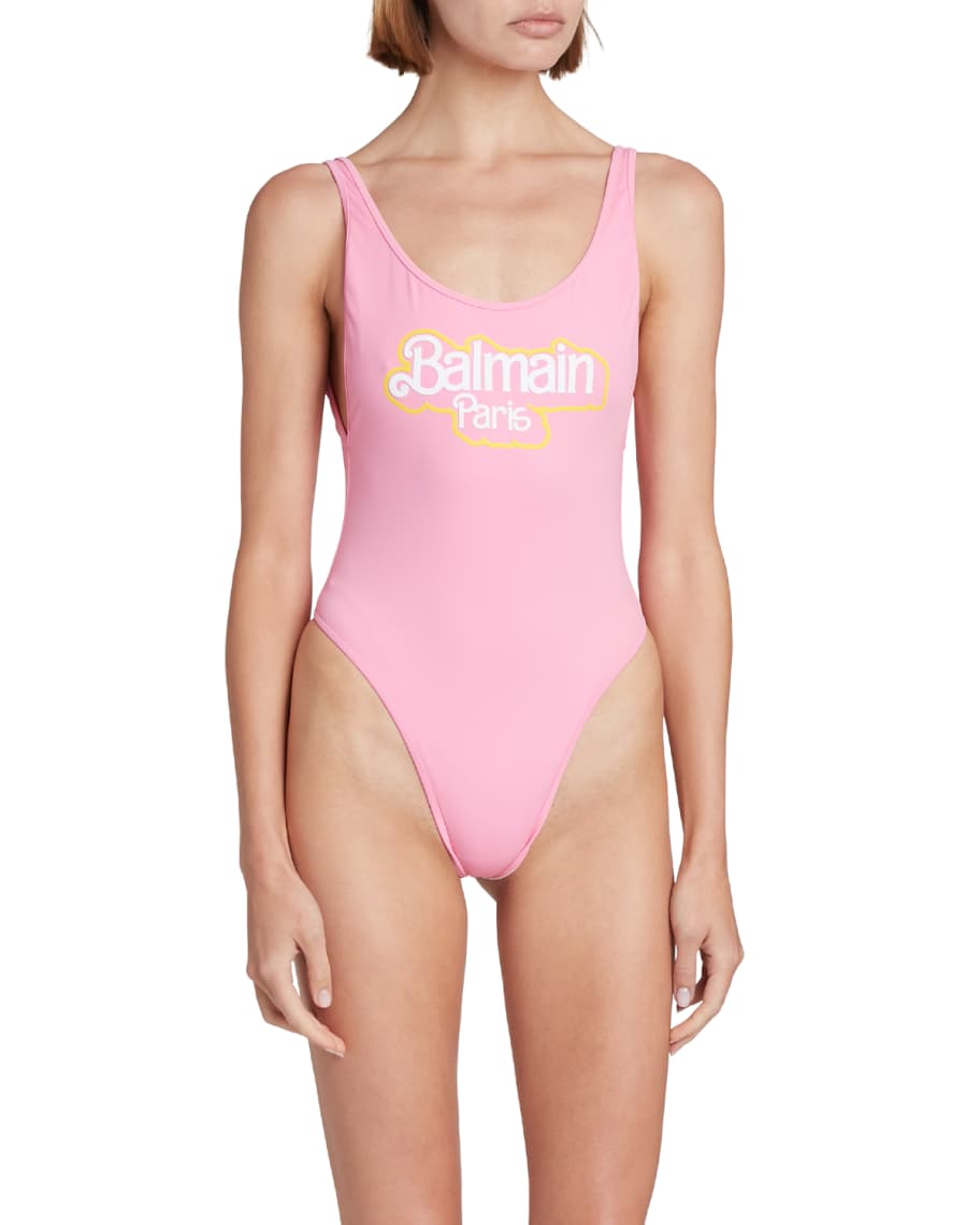 Balmain x Barbie Logo One-Piece Swimsuit | Neiman Marcus
