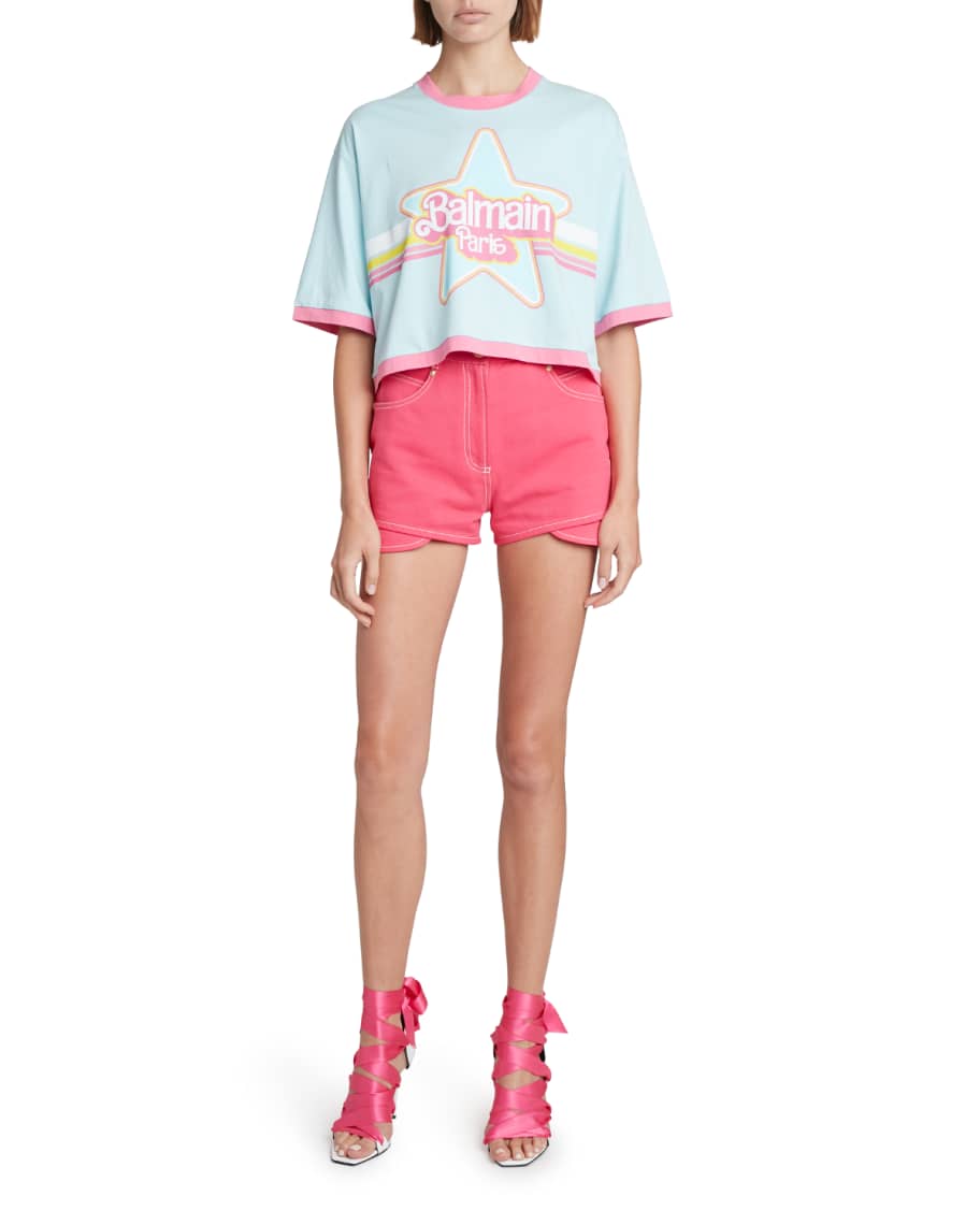 Balmain x Barbie Logo Star-Print Cropped T-Shirt | Neiman Marcus