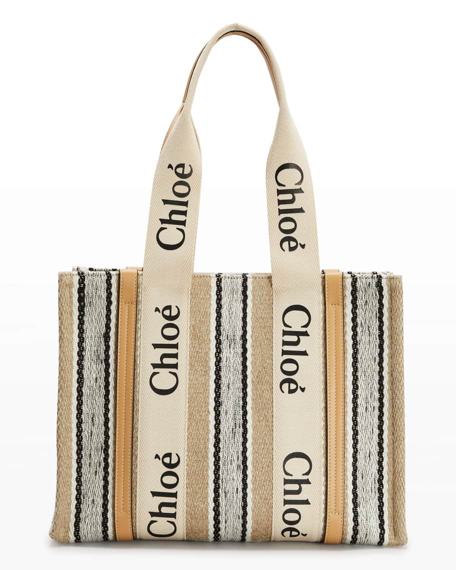 Chloé Woody Large Linen Canvas And Shiny Calfskin Tote Bag (Totes