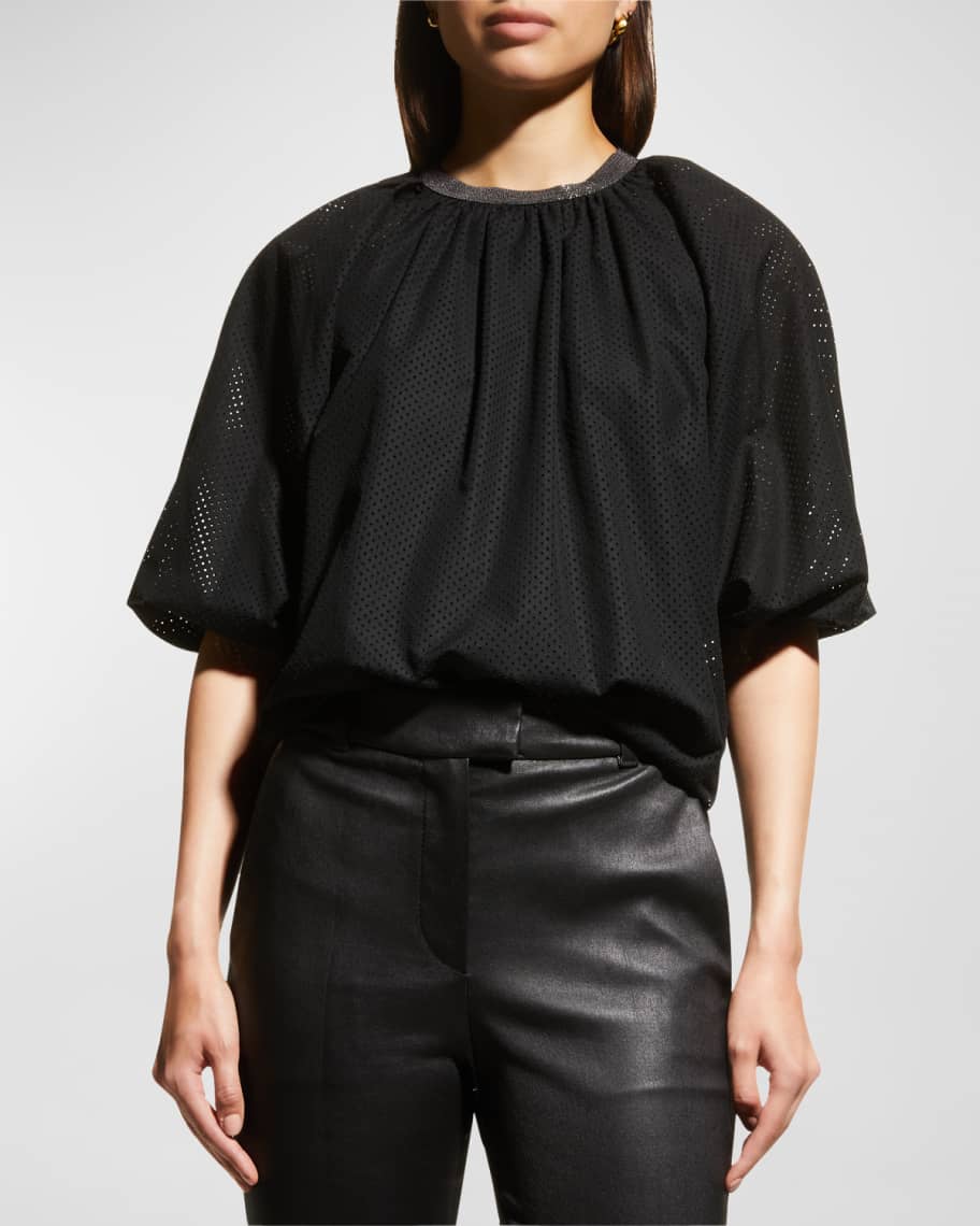 Brunello Cucinelli Monili Trim-Collar Perforated Cotton Peasant