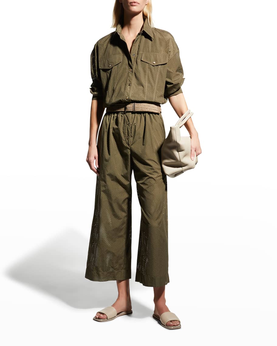 Brunello Cucinelli Perforated Cotton Utility Jumpsuit w/ Monili Trim ...