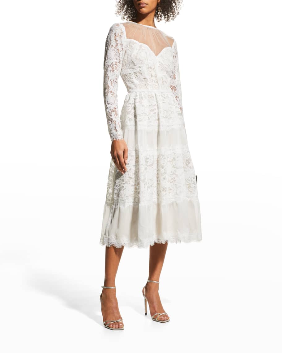 Tadashi Shoji Long-Sleeve Lace Illusion Midi Dress | Neiman Marcus