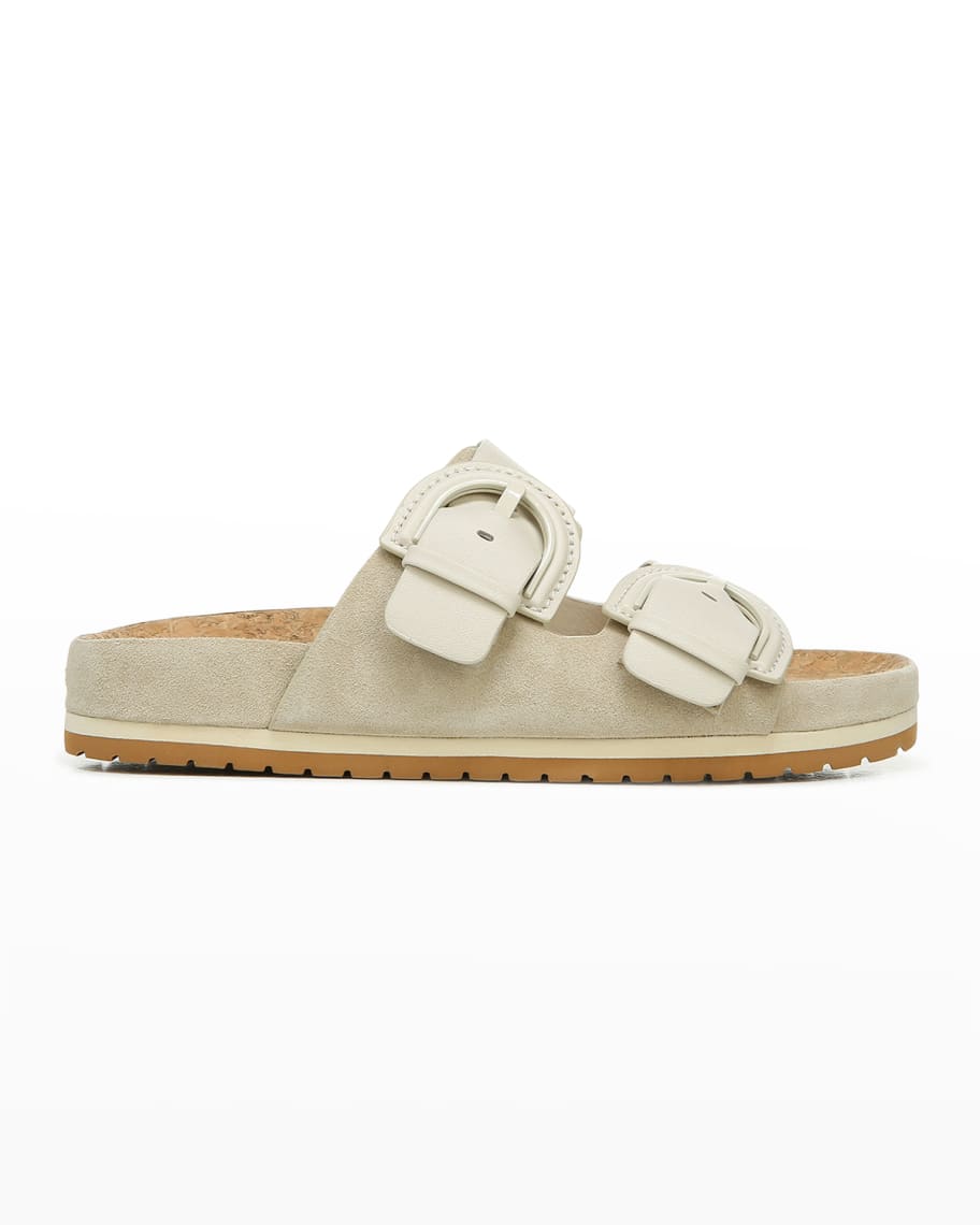 Vince Glyn Suede Double-Buckle Slide Sandals | Neiman Marcus