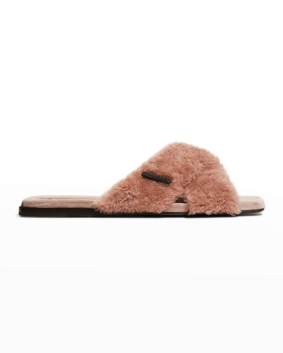 Brunello Cucinelli Crisscross Shearling Slide Slipper