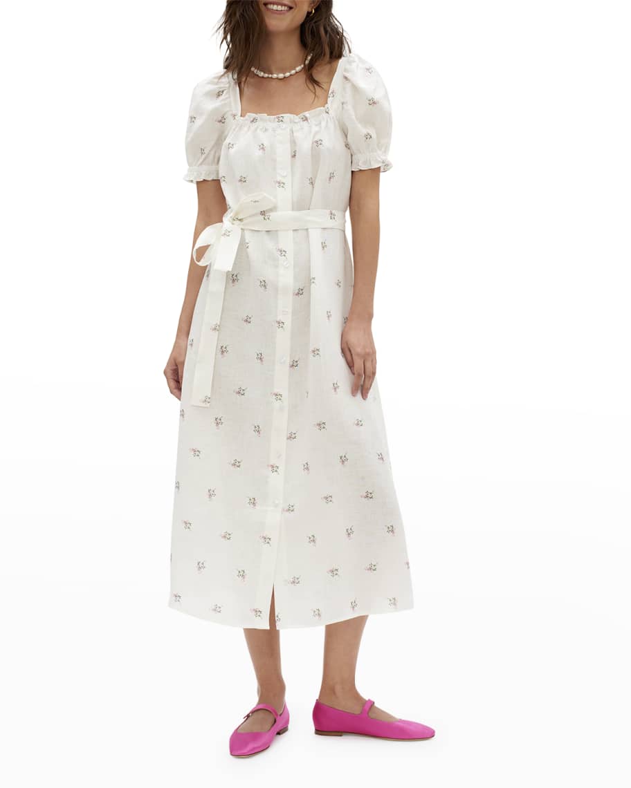 Sleeper Brigitte Floral-Print Midi Linen Dress | Neiman Marcus
