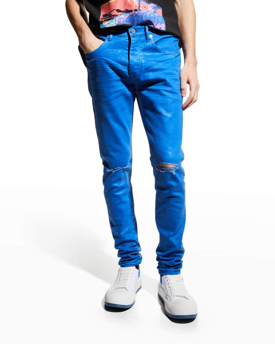 PURPLE Men's Coated Knee-Rip Skinny Jeans | Neiman Marcus