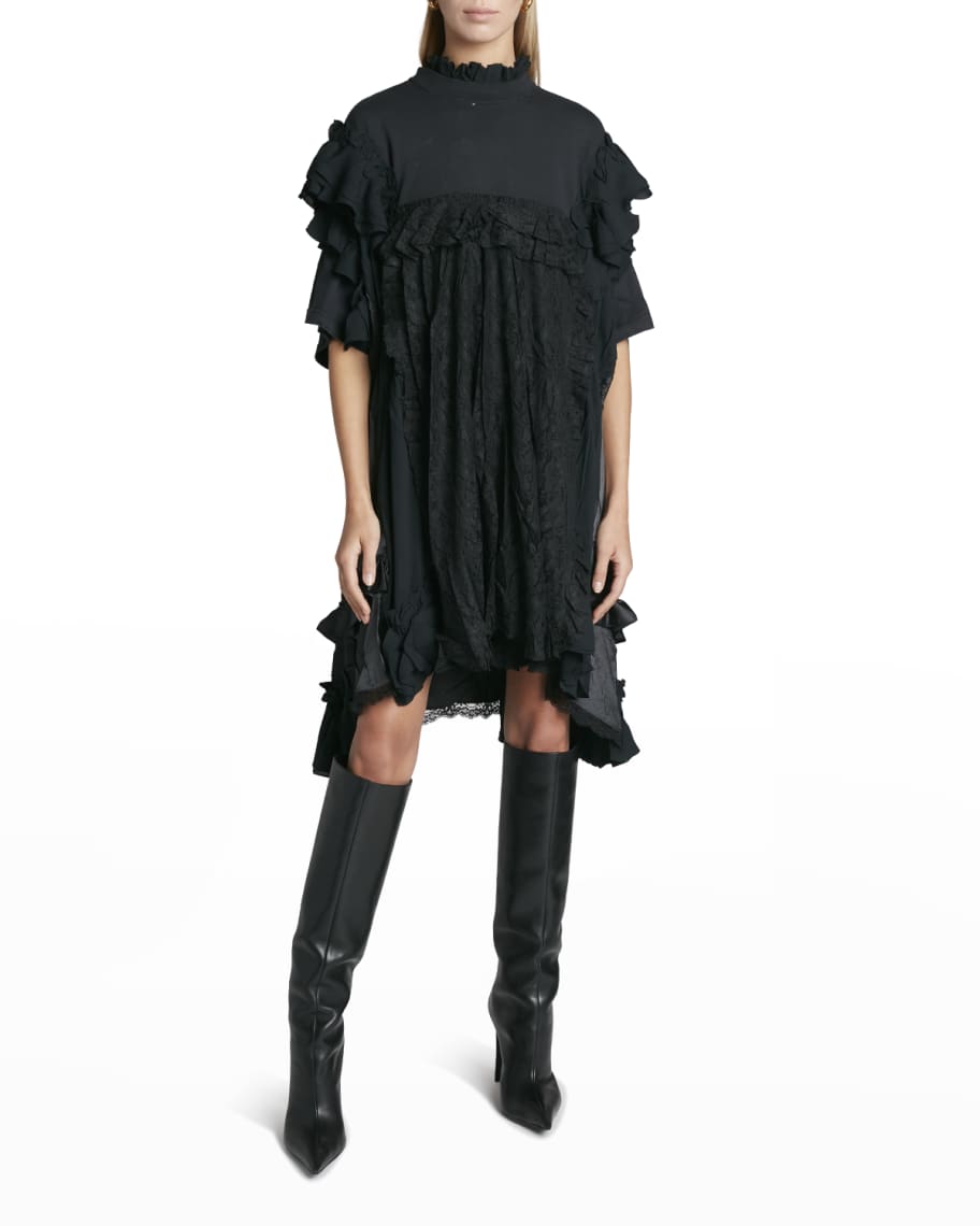 Balenciaga Mixed-Media Ruffle Babydoll Dress | Neiman Marcus