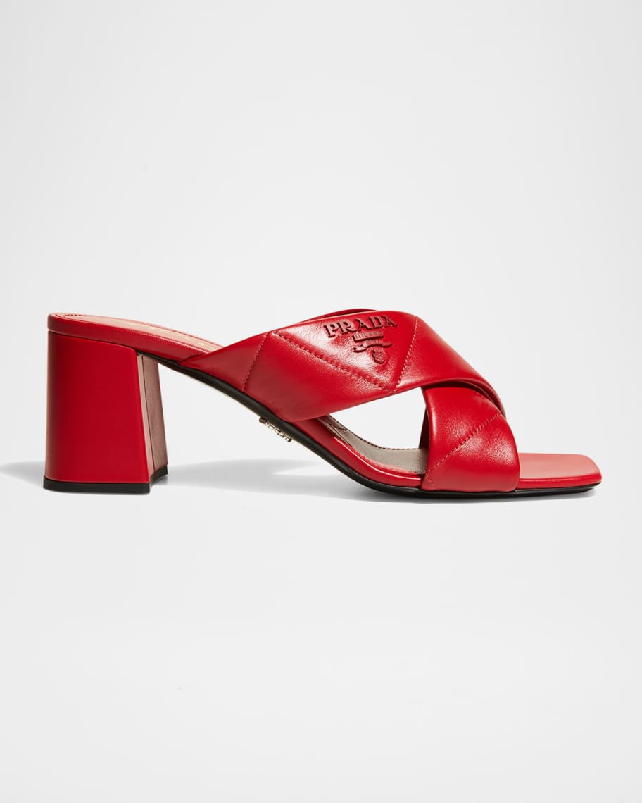 PRADA 25S CRISSCROSS SANDALS IN BURNT ORANGE CALFSKIN LOGO
