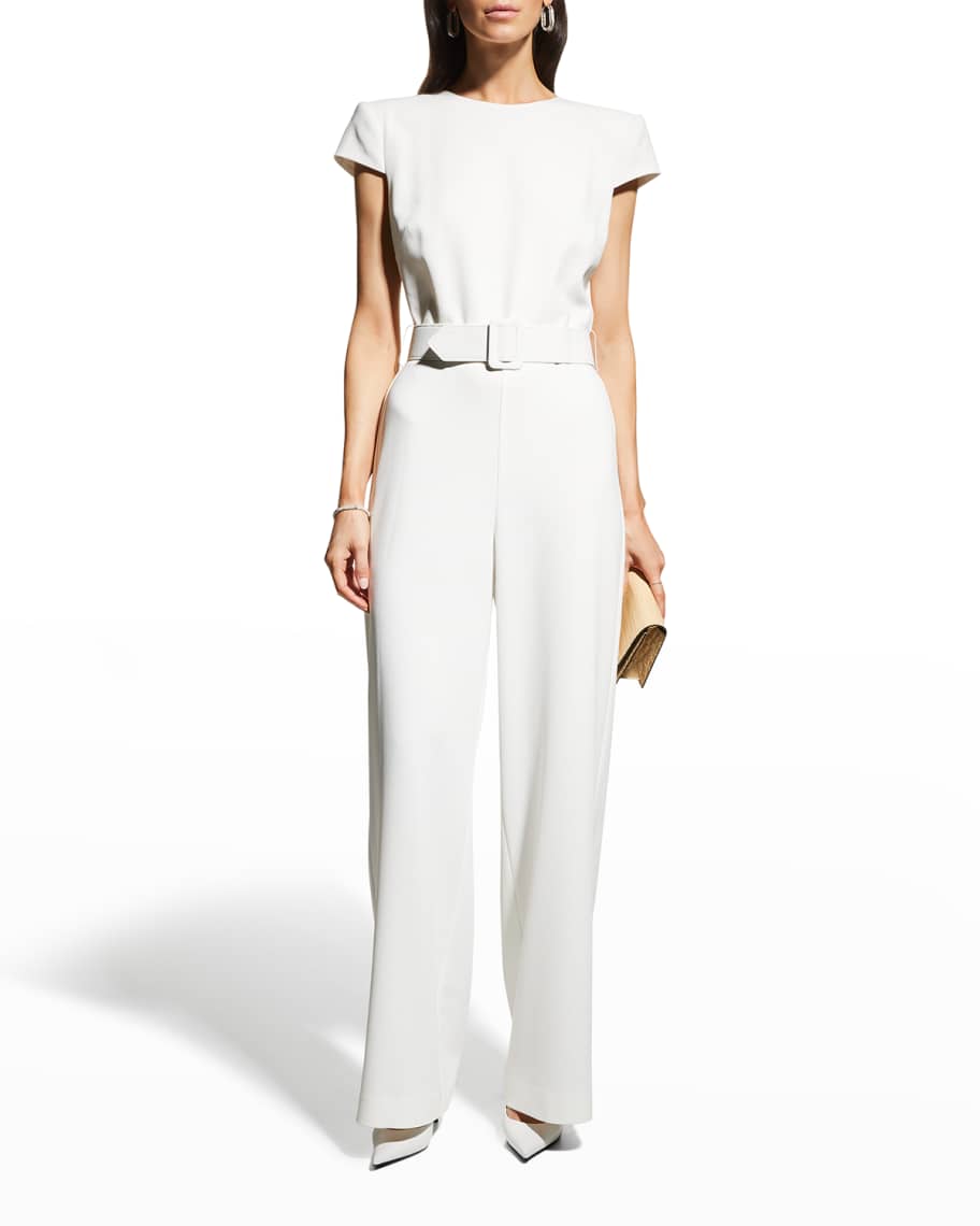 Badgley Mischka Collection Cap-Sleeve Belted Crepe Jumpsuit