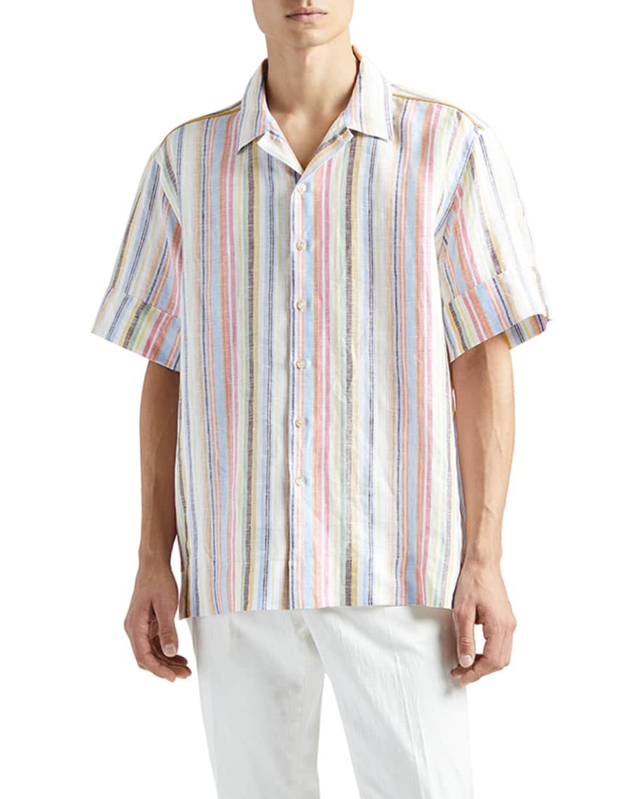 Etro Men's Linen Multi-Stripe Sport Shirt | Neiman Marcus
