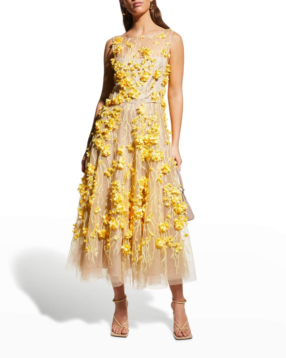 Maison Common Floral-Applique Embroidered Illusion Midi Dress | Neiman ...