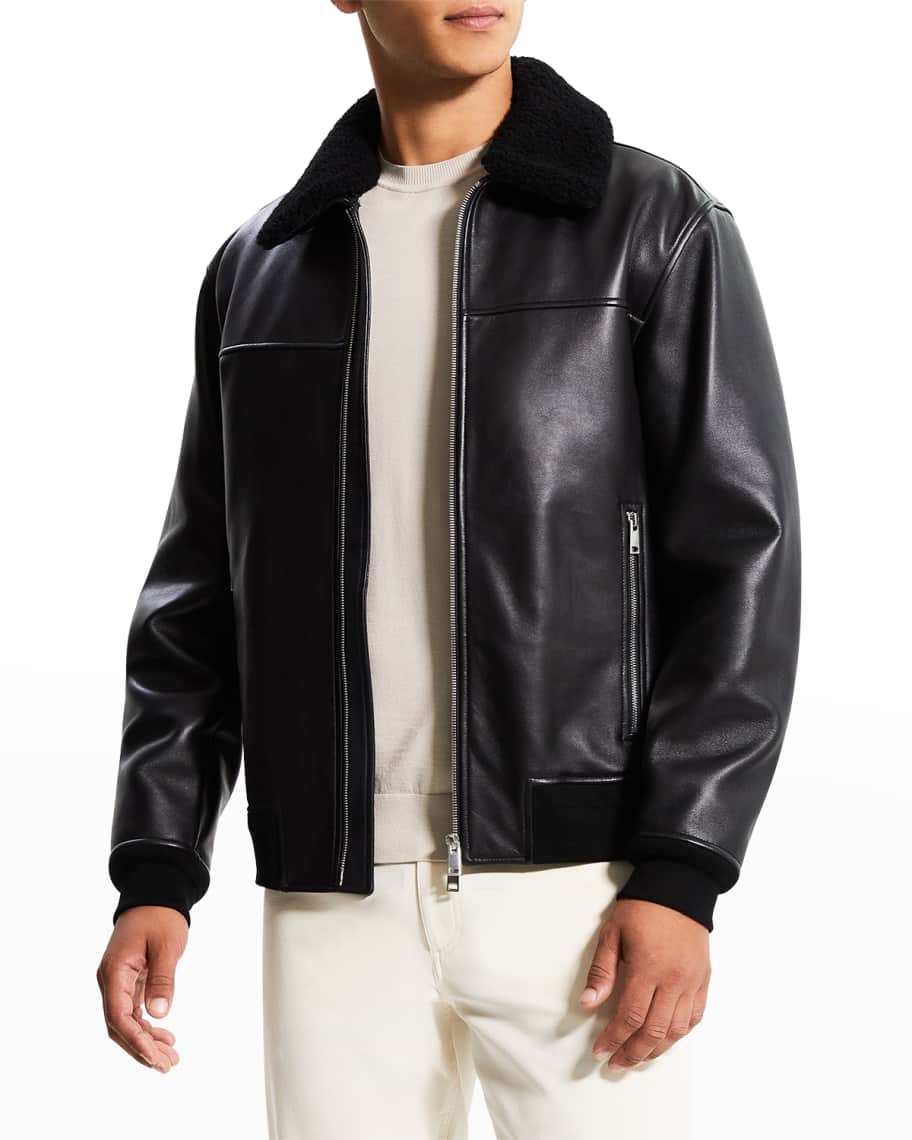 Theory Men's Harrison Leather Shearling-Collar Jacket | Neiman Marcus