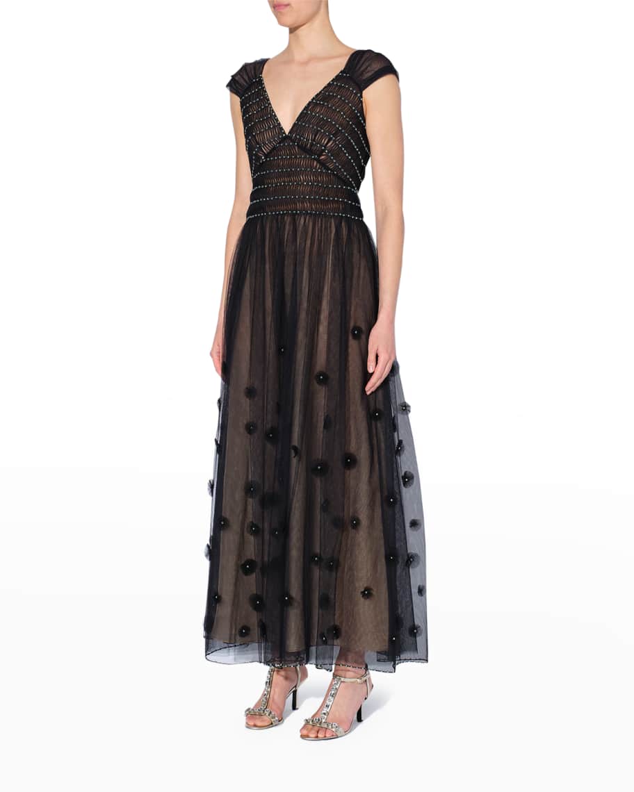 Erdem Lorena Floral-Applique Pleated Silk Maxi Dress | Neiman Marcus