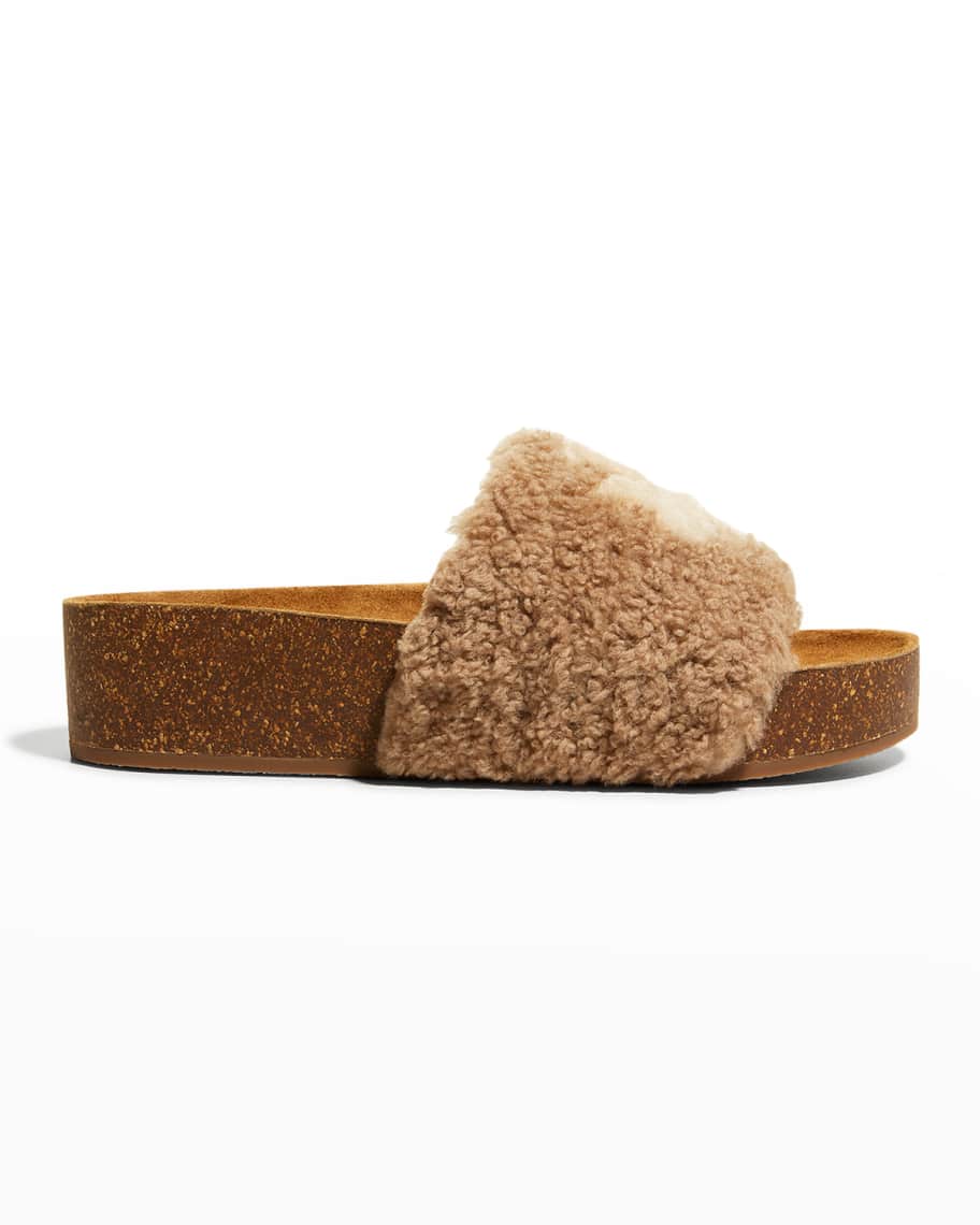 Tory Burch Double T Logo Shearling Slide Sandals | Neiman Marcus