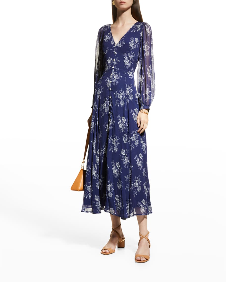 Polo Ralph Lauren Floral-Print Chiffon Blouson-Sleeve Dress | Neiman Marcus