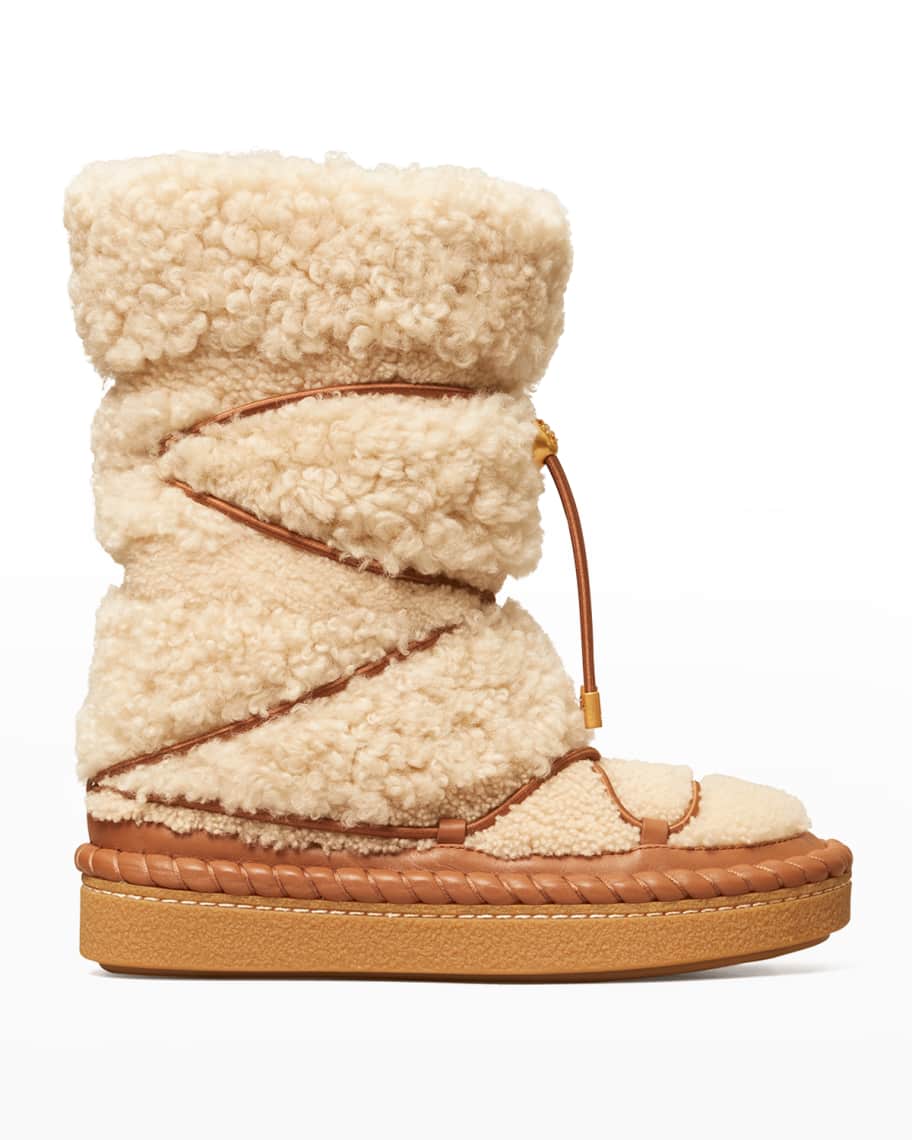 Tory Burch Shearling Lace-Up Mid Boots | Neiman Marcus