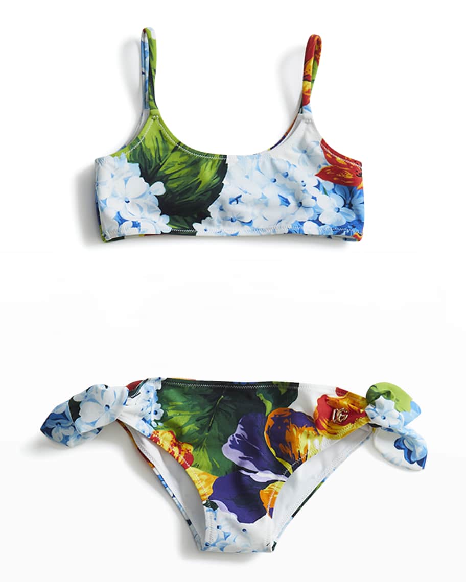 Dolce&Gabbana Girl's Brass Logo Hydrangea-Print Bikini Set, Size 8