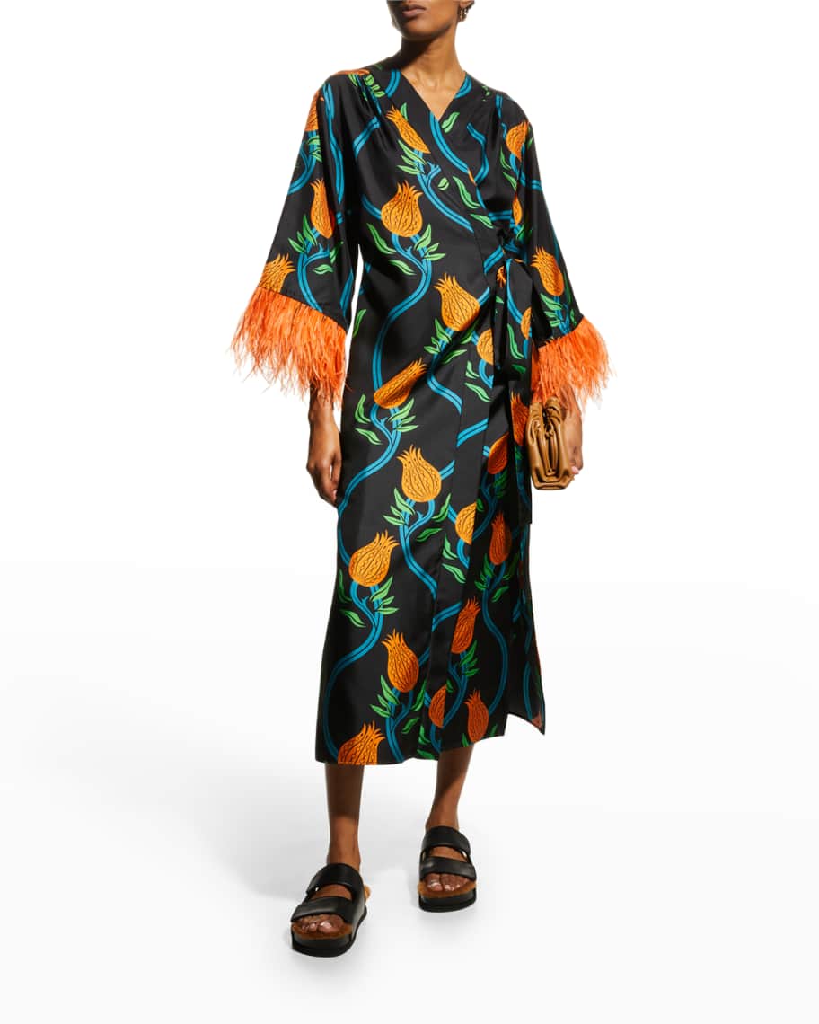 La DoubleJ Boudoir Wrap Silk Midi Dress w/ Feather Trim | Neiman Marcus