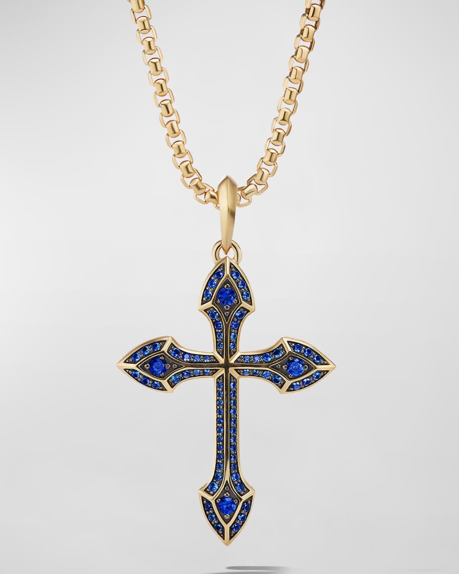 David Yurman Men's 18K Yellow Gold Pavé Sapphire Gothic Cross Amulet ...