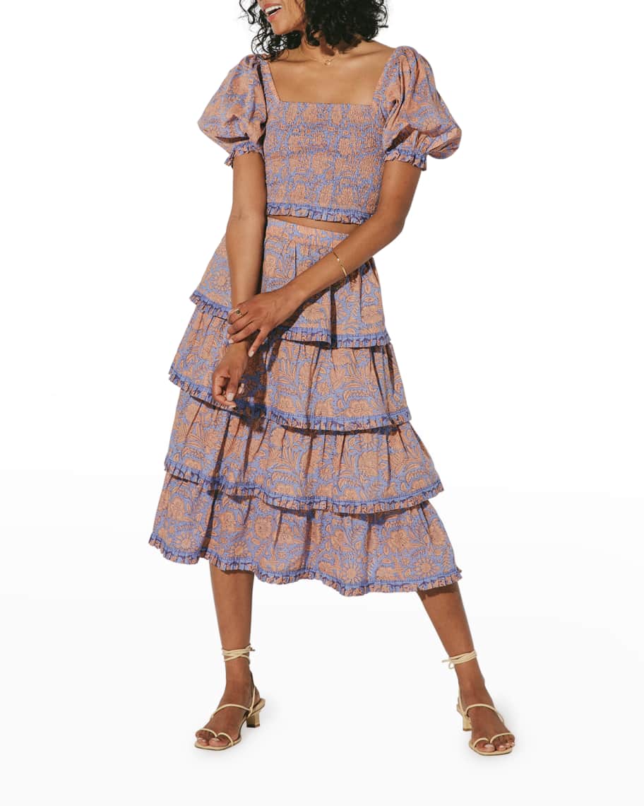 Cleobella Lana Tiered Floral Organic Cotton Midi Skirt | Neiman Marcus