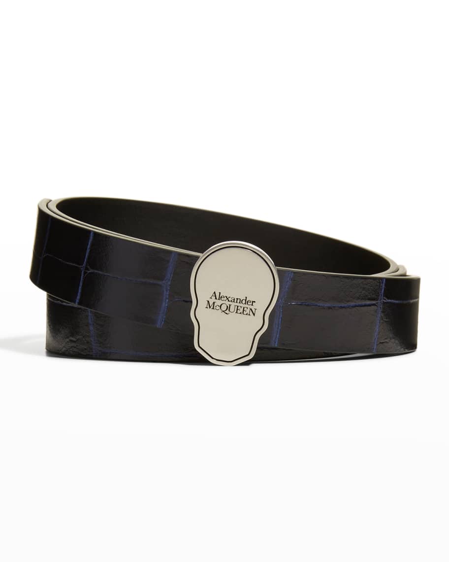 Alexander McQueen Men's Skull Tag Leather Belt | Neiman Marcus
