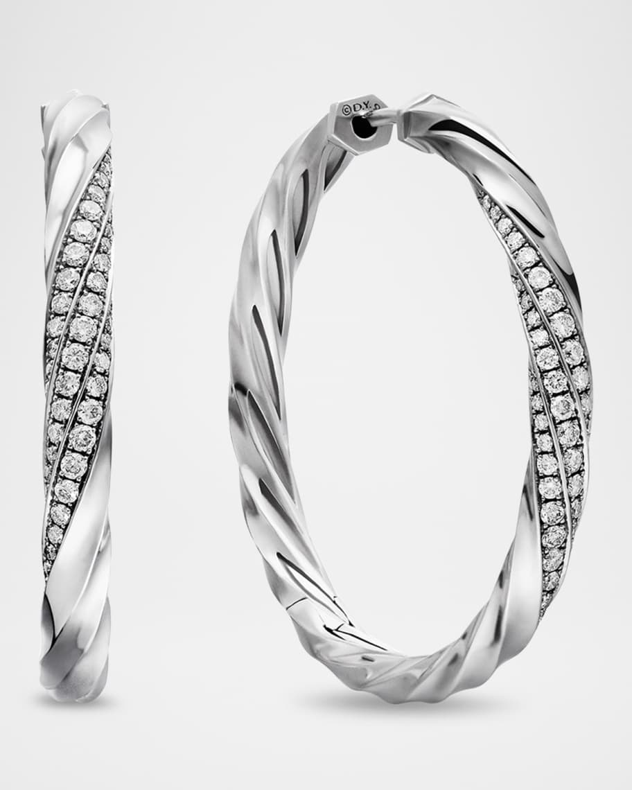 David Yurman Cable Edge Hoop Earrings with Diamonds in Silver, 4mm, 1.5"L