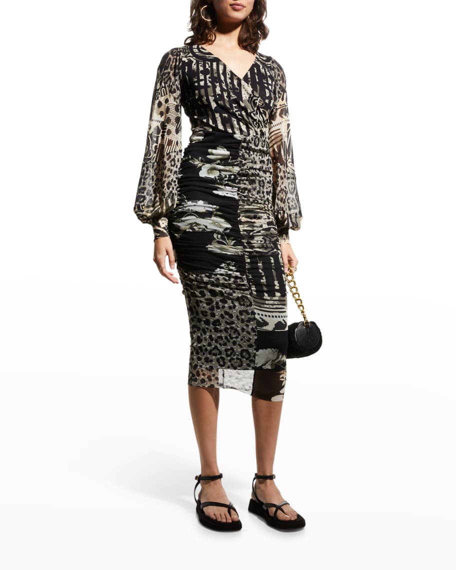 Fuzzi Mixed-Print Blouson-Sleeve Dress | Neiman Marcus