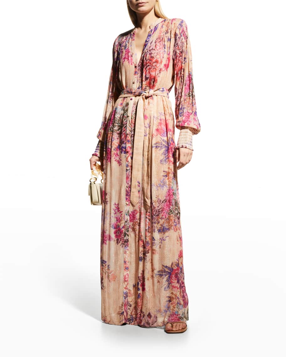 Hemant & Nandita Leah Metallic Stripe Georgette Long Dress With Tie Up Belt  | Neiman Marcus