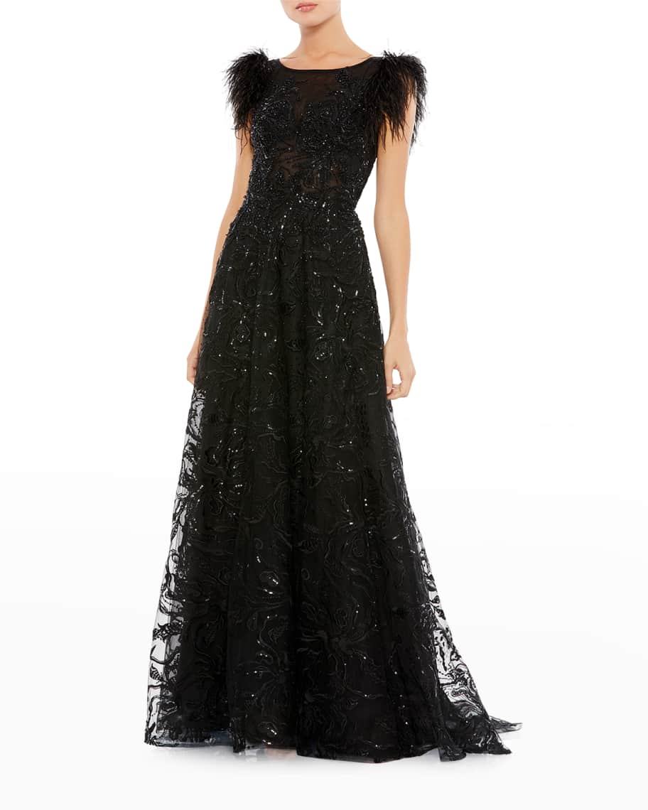 Mac Duggal Feather-Sleeve Sequin A-Line Gown | Neiman Marcus