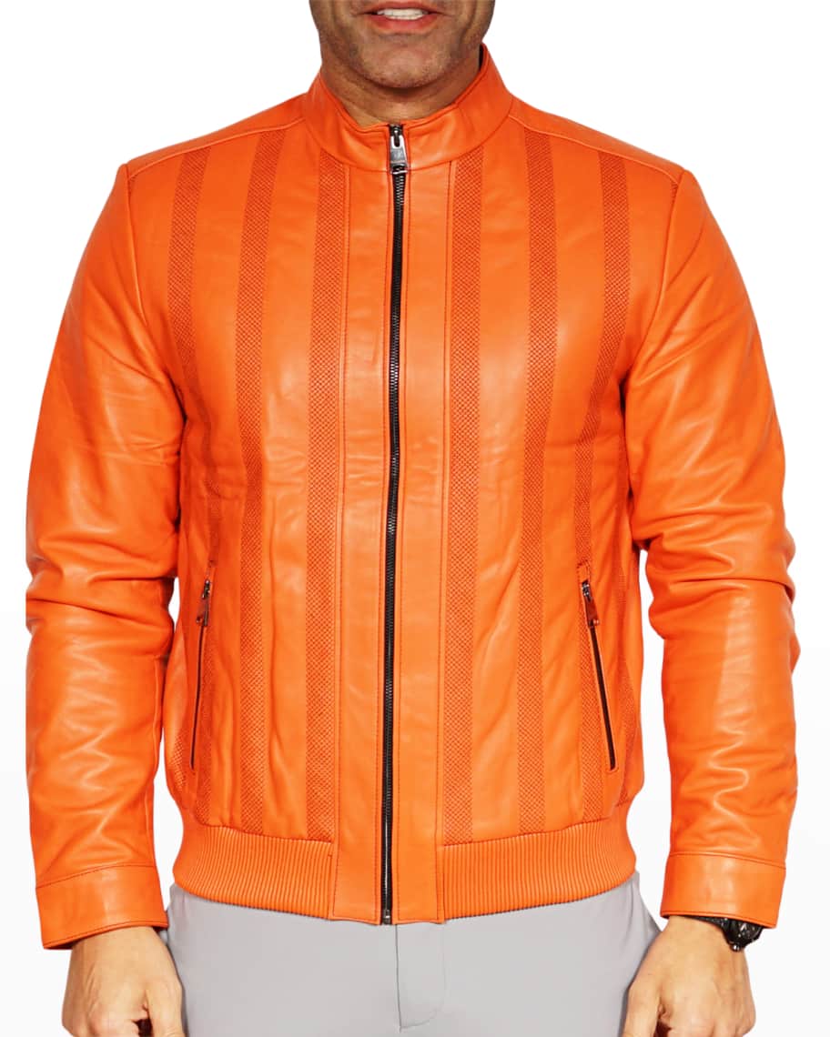Maceoo Men's Textured Stripe Zip Leather Jacket Neiman Marcus