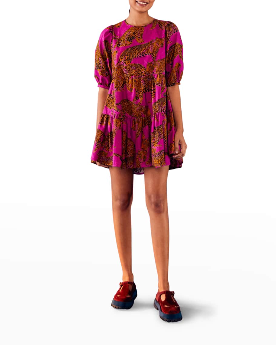 Farm Rio Artsy Leopards Tiered Mini Dress | Neiman Marcus