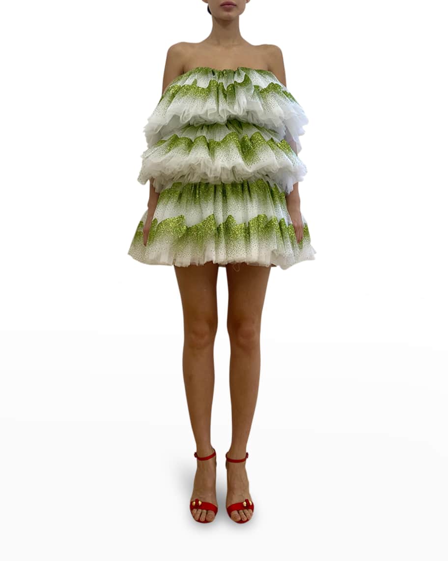 Halpern Shimmering Tiered Ruffle Strapless Mini Dress | Neiman Marcus