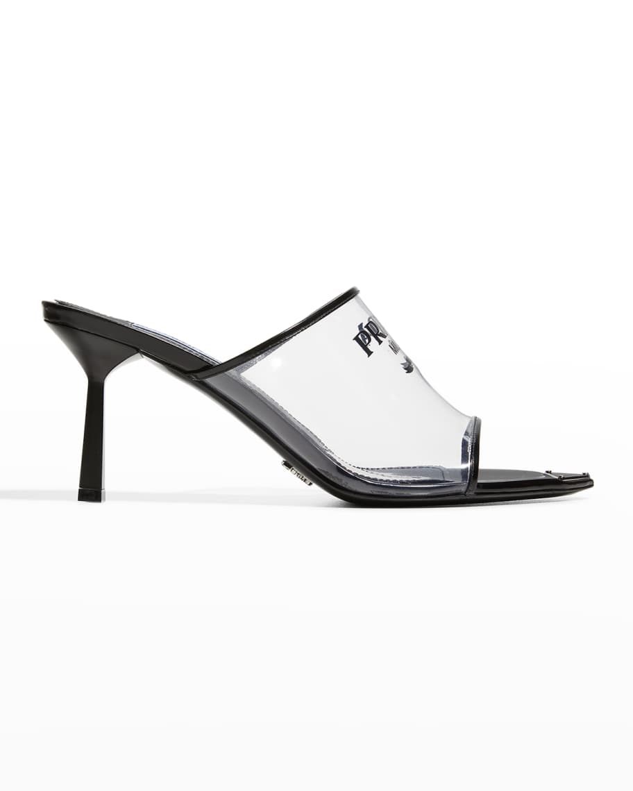 Plexiglass Panache: Prada 75mm Plex Logo Extended Sole Mules