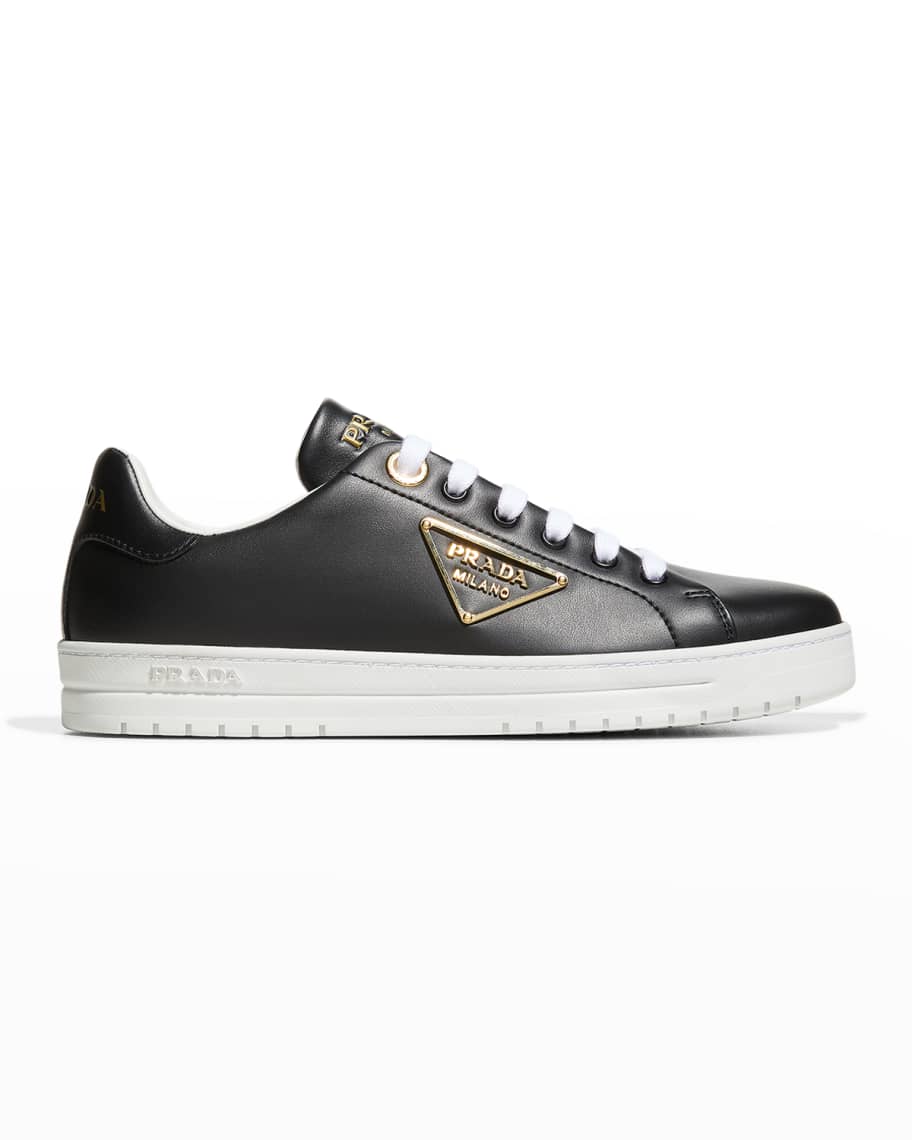 Prada Downtown Leather Tonal Sneakers With Metal Logo | Neiman Marcus