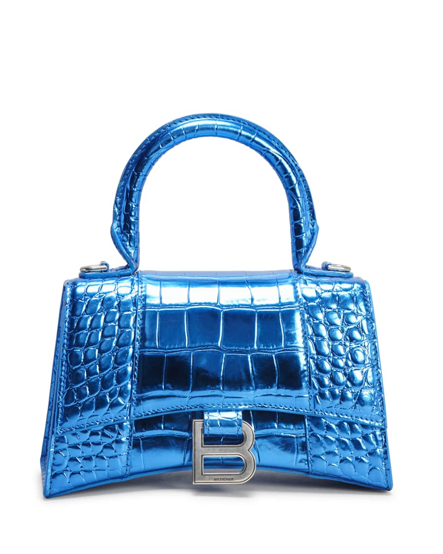 Hourglass XS Croc Effect Leather Tote Bag in Metallic - Balenciaga