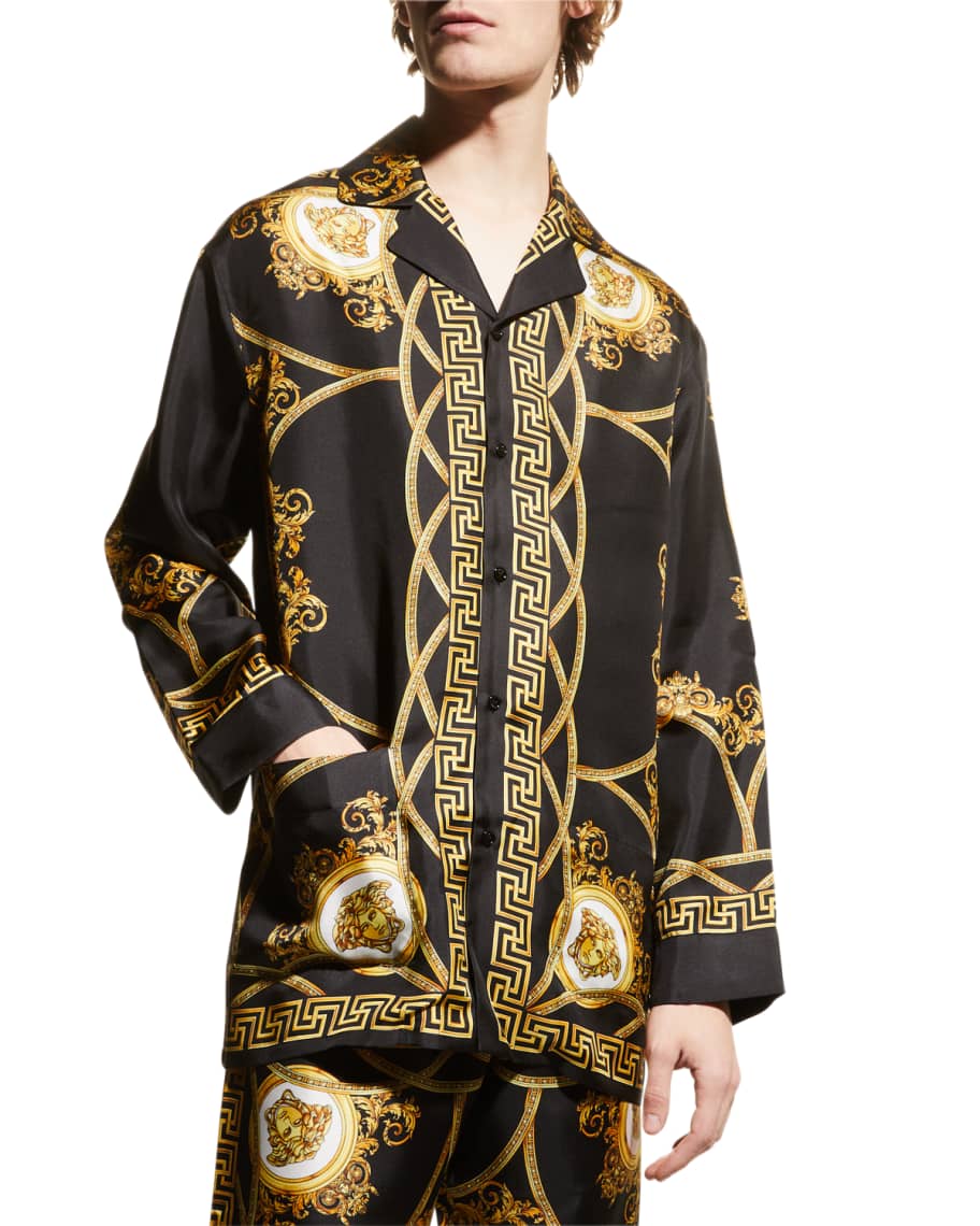 Versace Men's Barocco & Greca Print Silk Pajama Shirt | Neiman Marcus