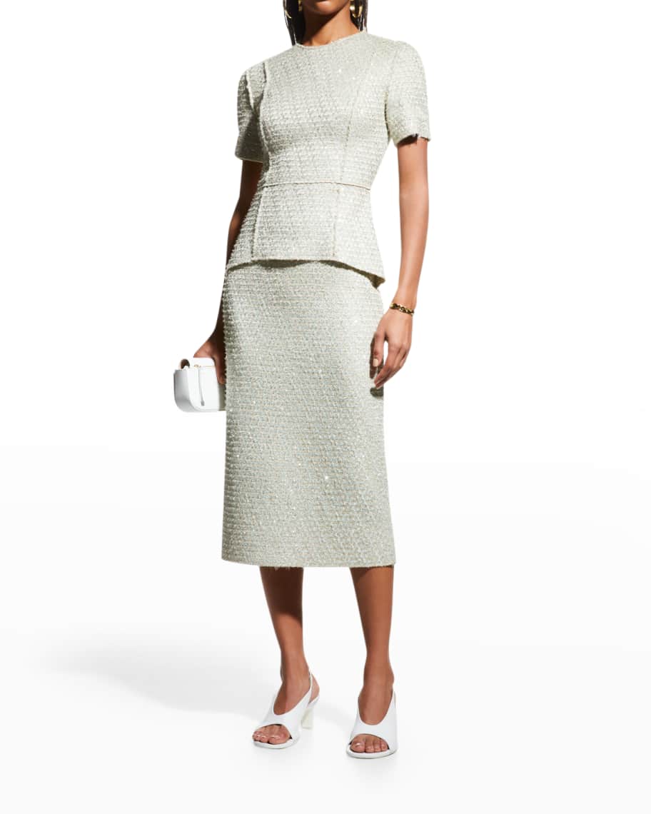 John Paillette Tweed Peplum Midi Dress w/ Raw Edges Neiman
