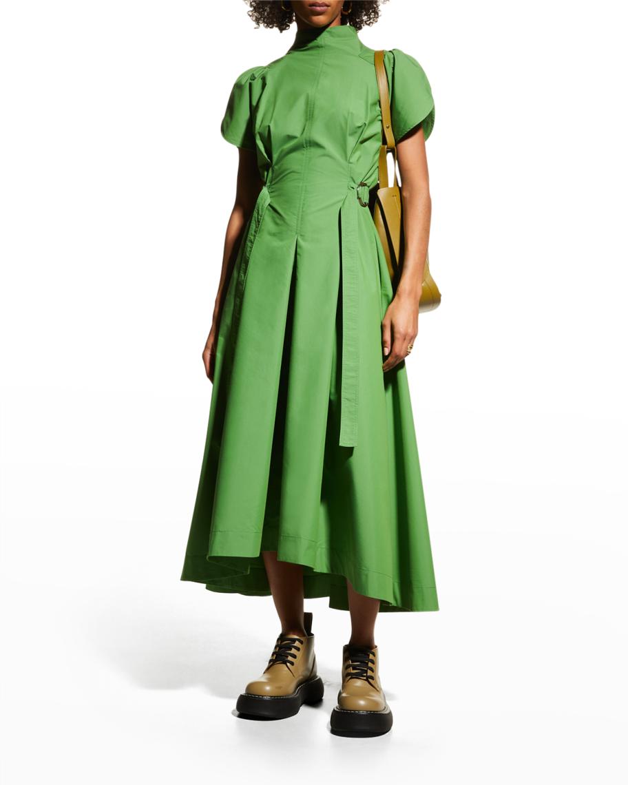 phillip lim green dress 3.1 Tulip Poplin Puff-Sleeve A-Line Midi model: Anna