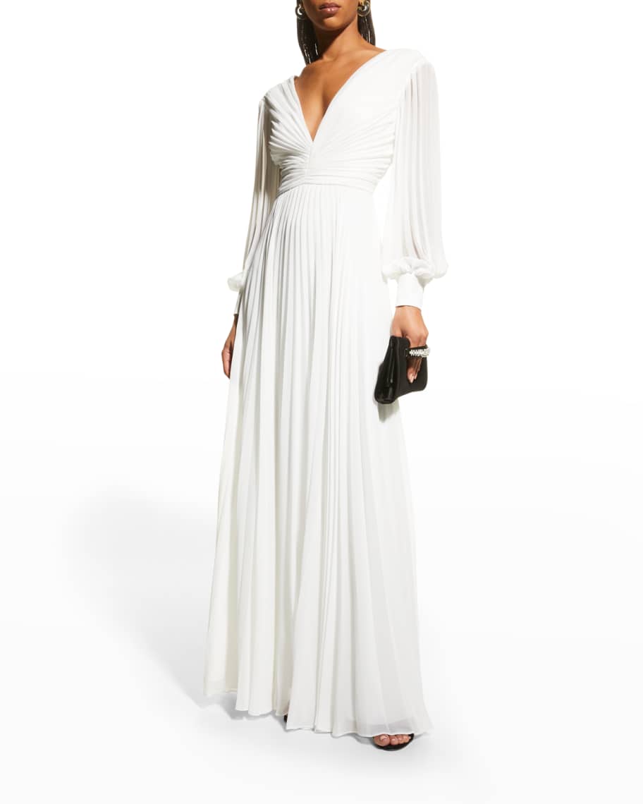Badgley Mischka V-Neck Long-Sleeve Pleated Gown | Neiman Marcus