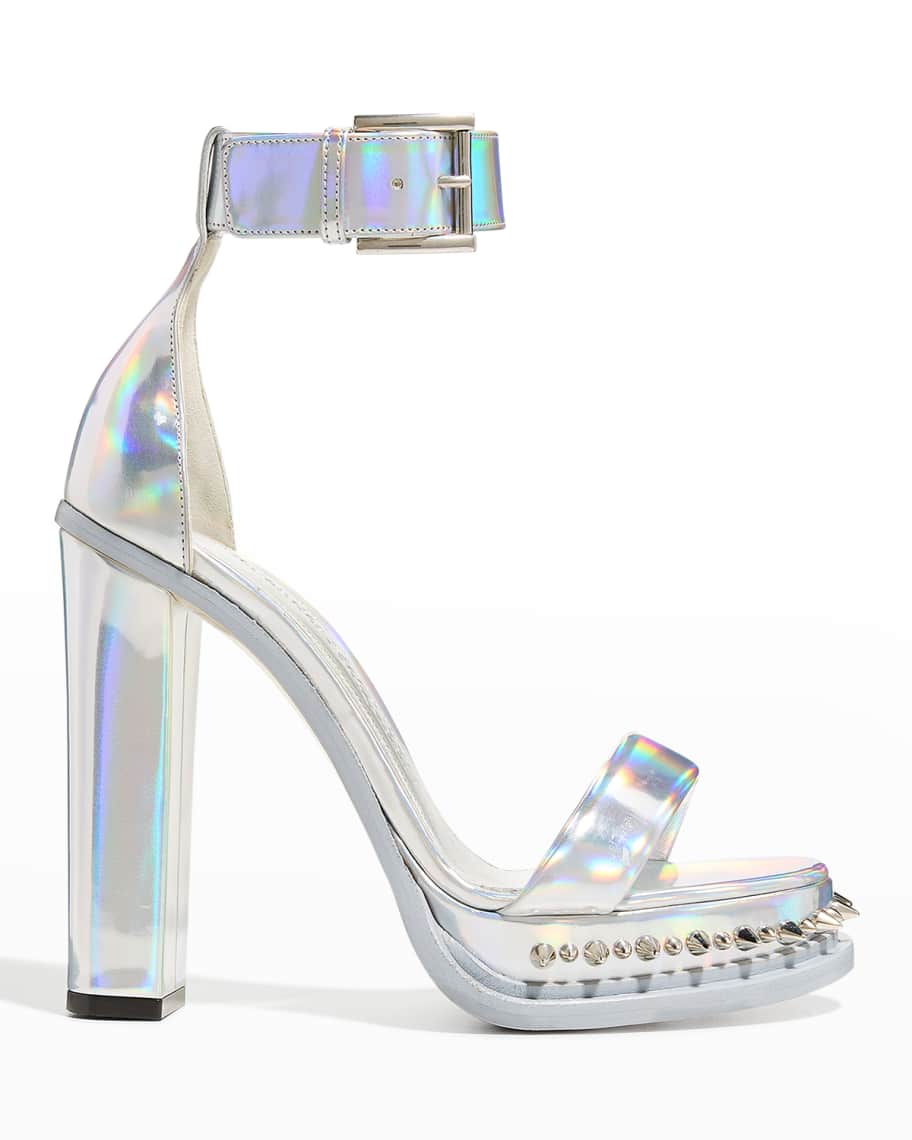 Alexander McQueen Spike High Heel Sandals in Silver Holographic & Silver