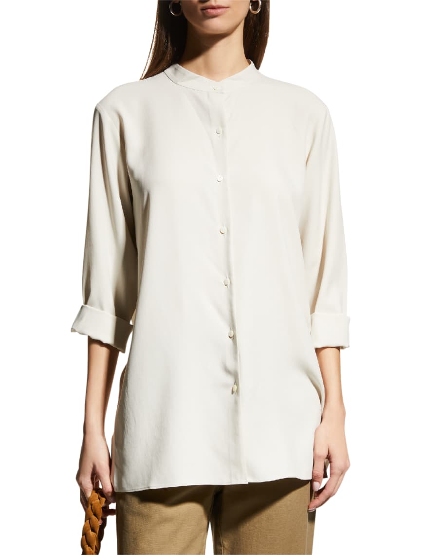 Eileen Fisher Fuji Silk Mandarin-Collar Long Shirt | Neiman Marcus