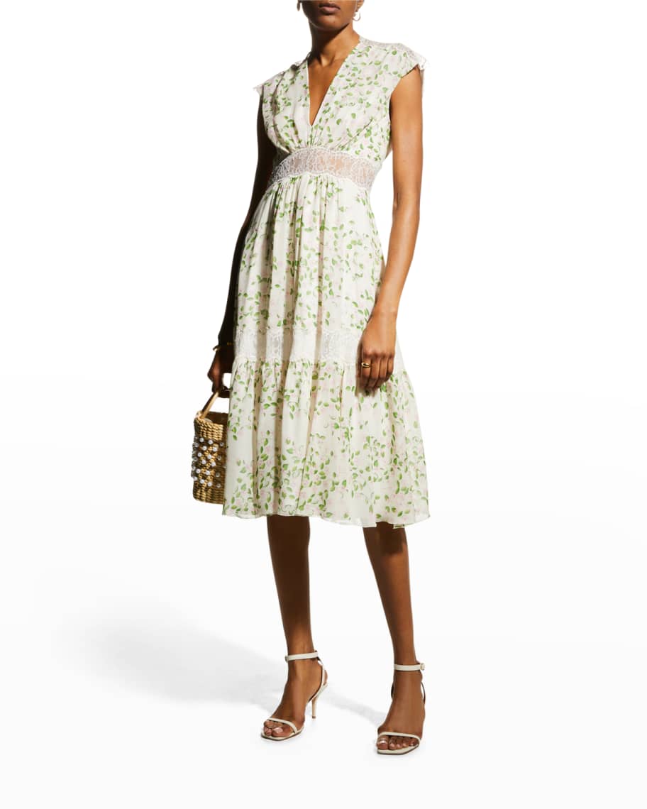 Giambattista Valli Floral-Print Lace Insert Silk Dress | Neiman Marcus