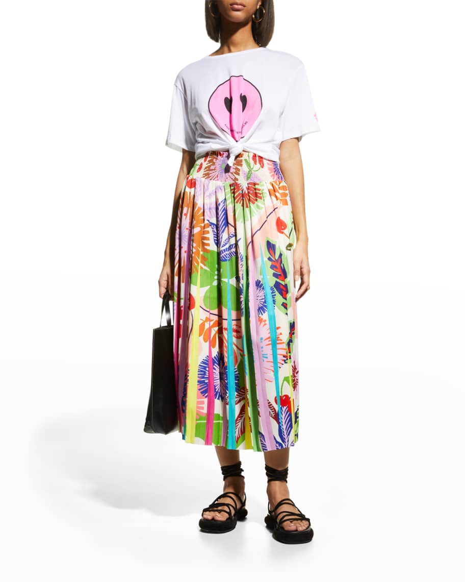 Le Superbe Burst Of Spring Floral and Fruit Pleated Midi Skirt