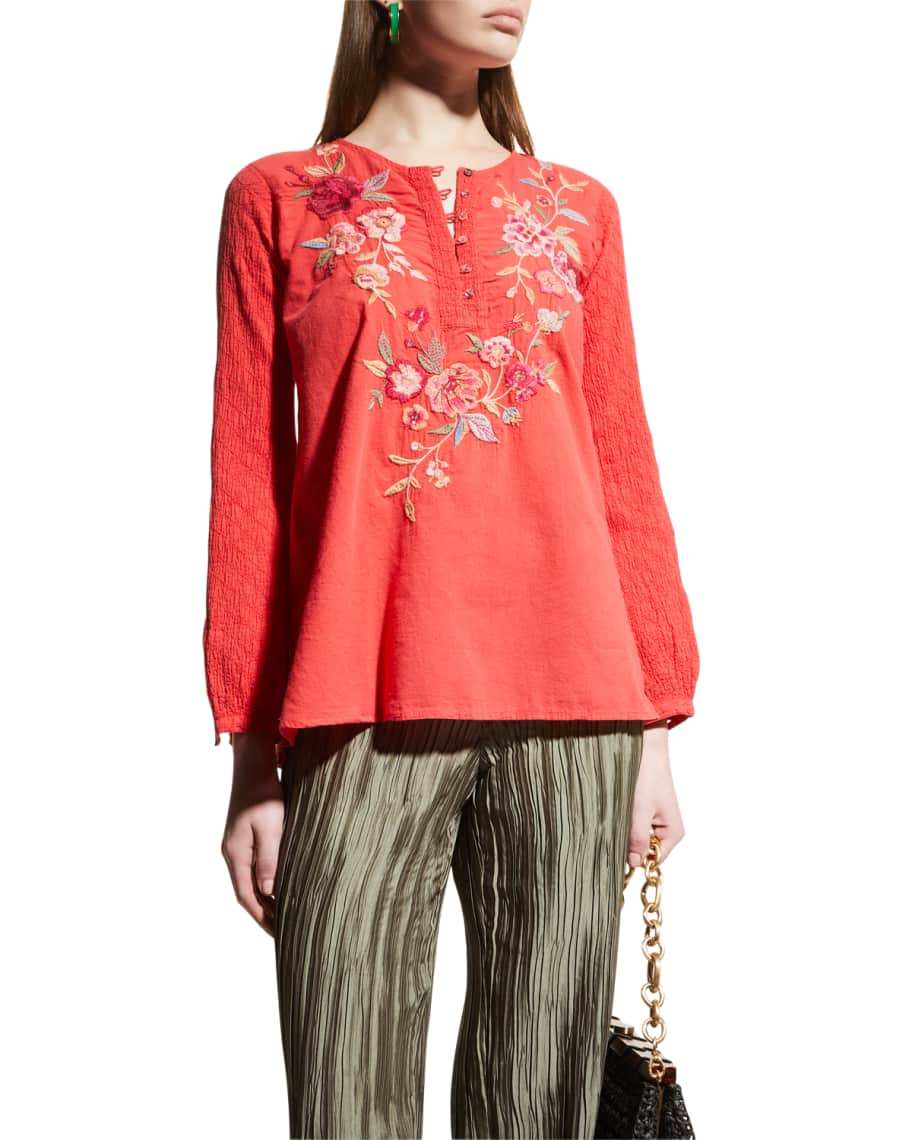 Johnny Was Sonya Floral-Embroidered Blouse | Neiman Marcus