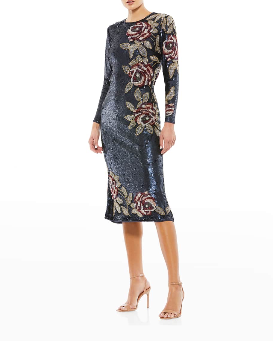Mac Duggal LongSleeve Sequin Floral Midi Dress Neiman Marcus