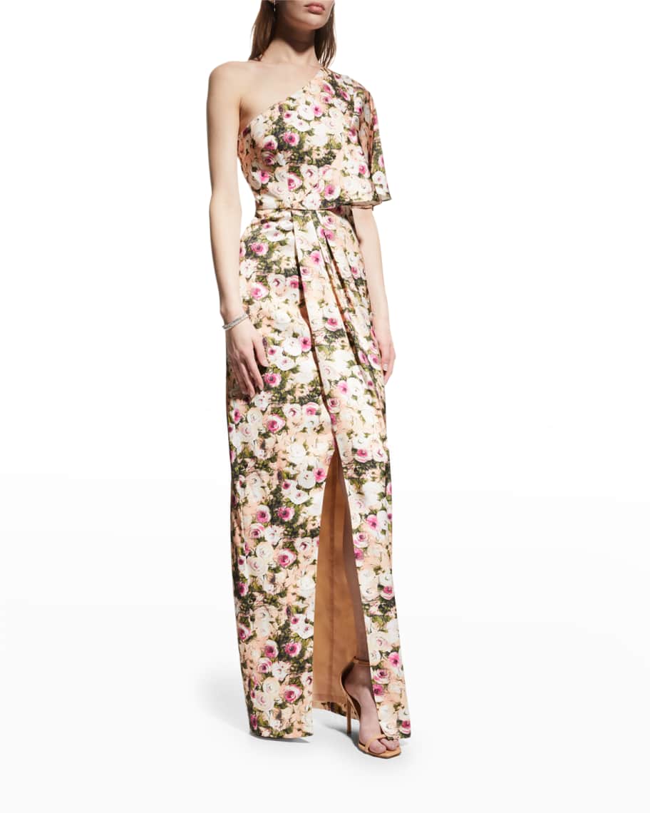Aidan Mattox Floral One-Shoulder Column Gown | Neiman Marcus