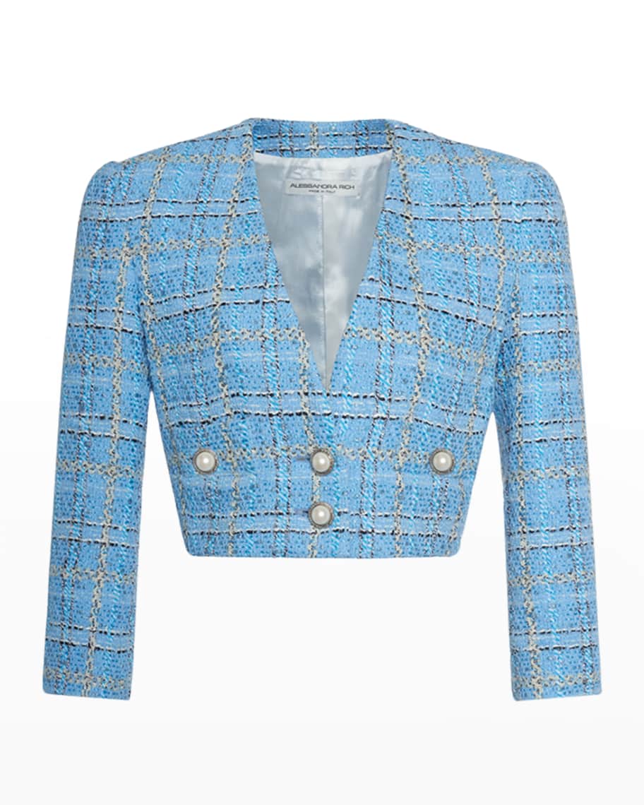 Alessandra Rich Checked Tweed Cropped Jacket w/ Pearl Buttons | Neiman ...