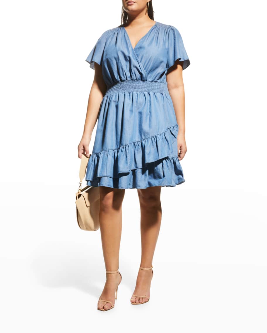 MICHAEL Michael Kors Plus Size Ruffle-Hem Denim Wrap Dress | Neiman Marcus