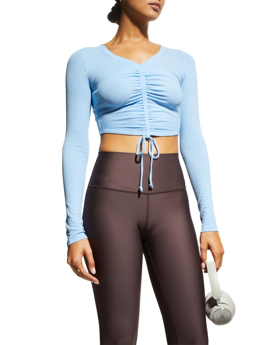 Alo Yoga Long-Sleeve Cinched Rib-Knit Crop Top | Neiman Marcus